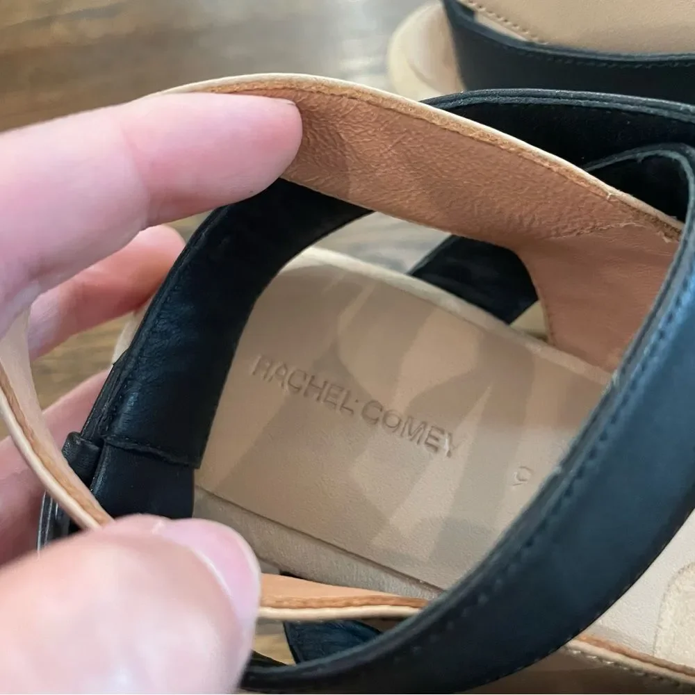 RACHEL COMEY Ceres Wedge Sandals Tan & Black Leather Wrap Around Ankle Strap